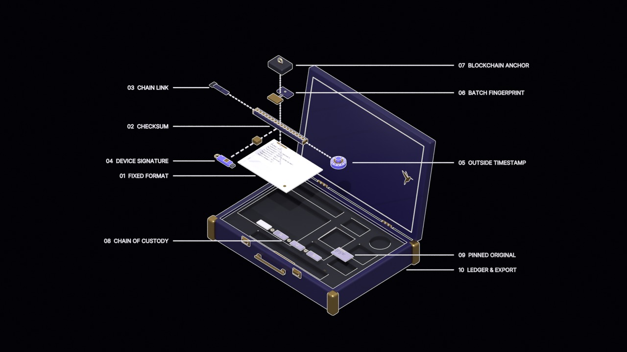 An open evidence case: the ten numbered parts of a Tzun record lifted out of their foam pockets and laid out in the order they are made, from the fixed format and checksum through the signature and timestamp to the blockchain anchor.